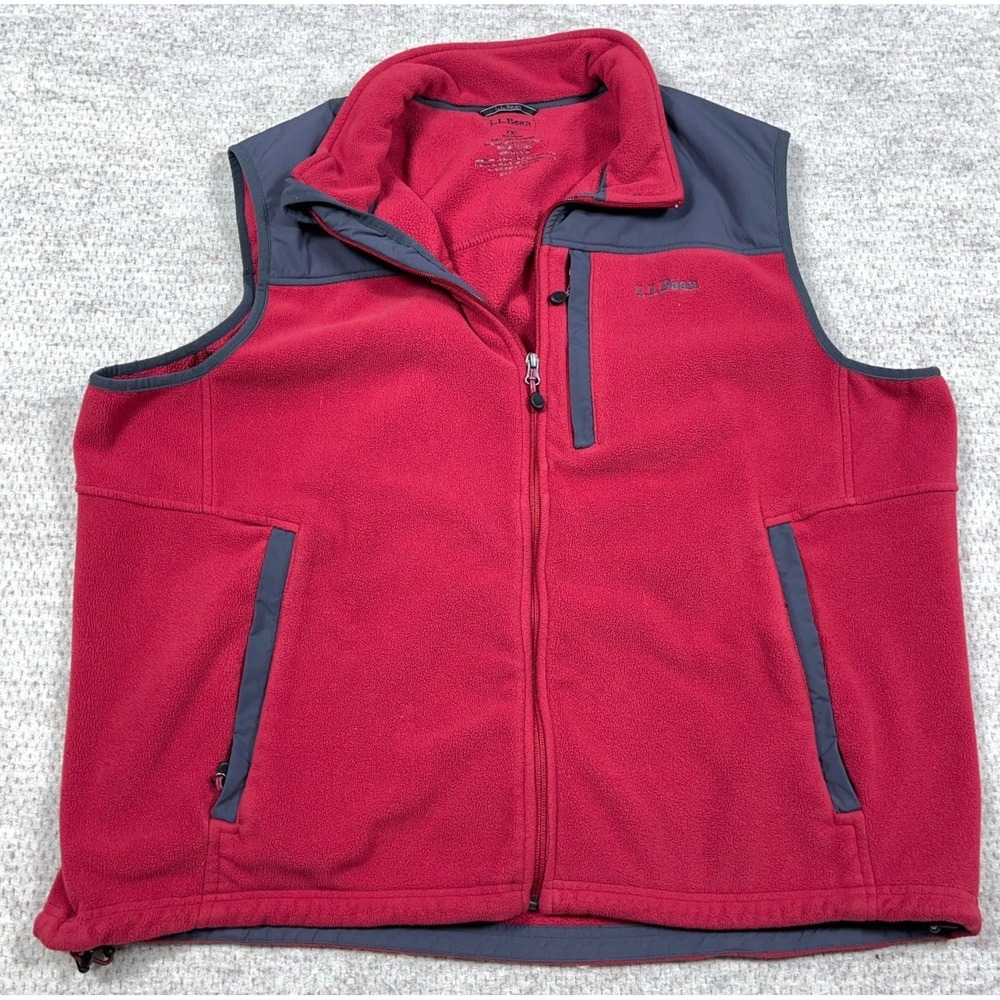 LL Bean Vest Men XXL 2XL Dull Red Gray Fleece Full Zip Sweater Jacket Outdoors